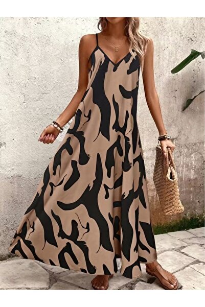 Varyete Women's Rope Strap V-Neck Patterned Long Single Jersey Dress