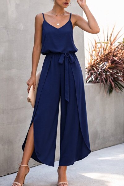 Varyete Women's Rope Strap V-Neck Long Aerobin Jumpsuit with Waist Belt and S...