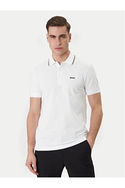 BOSS Men's Regular Fit 100% Cotton Logo Embroidered Short Sleeve White Polo N...