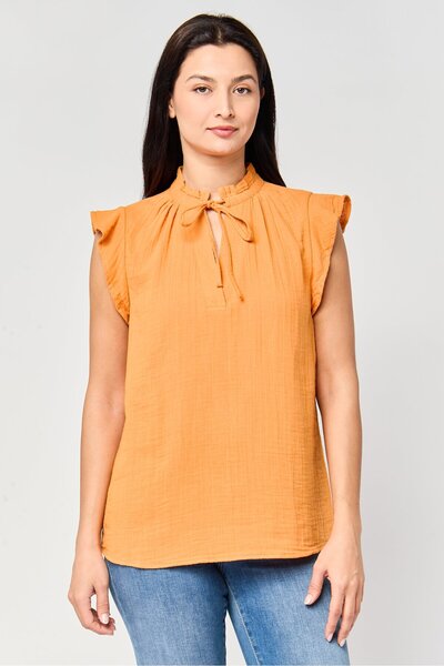 PROMOD Women Tie Neck Plain Cap Sleeve Top, Orange