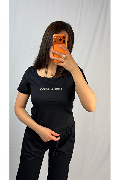 Alizstore Women's Black Basic Set Crop T-Shirt and Wide-Leg Pants Casual Styl...