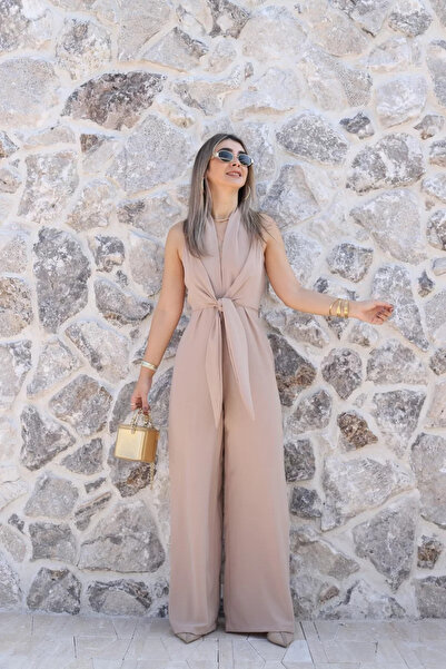 bytugcekaya Beige Low-Cut Zippered Jumpsuit