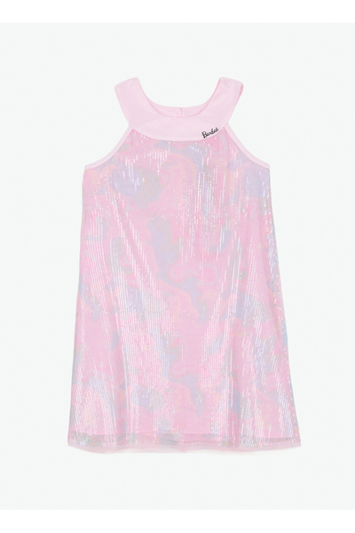 Barbie Desenli Pembe Kız Çocuk Abiye Elbise BRB6SG-ELB6519