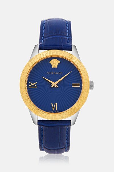 Versace ساعة نسائية بحزام جلدي VEVC00219، لون أزرق