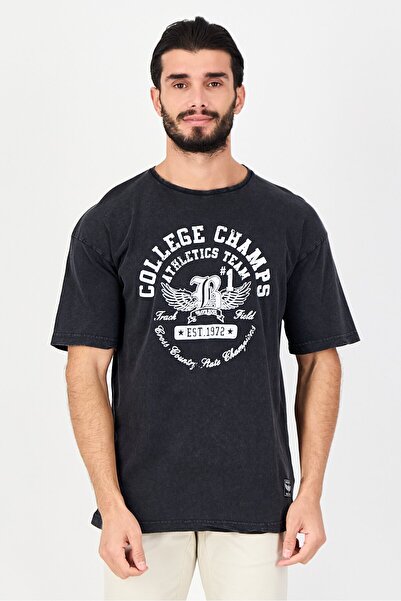 Brave Soul Men Relaxed Fit Crew Neck Short Sleeve Graphic Print T-Shirt, Black
