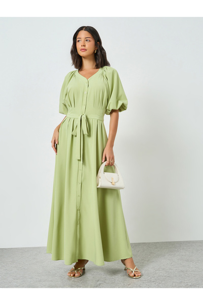Styli Green Front Tie-Up V Neck Maxi Dress