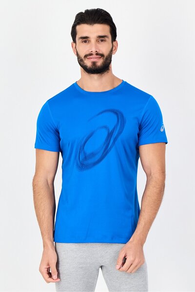 Asics تي شيرت رجالي رياضي بأكمام قصيرة للجري، أزرق