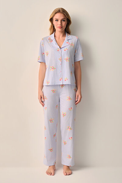 SUWEN Plaid Shirt Collar Pajama Set