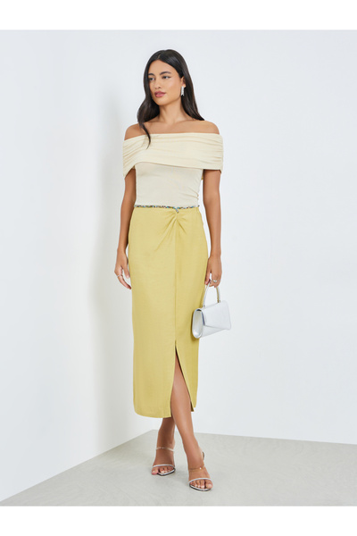 Styli Khaki Embellished Waistband Pencil Midi Skirt