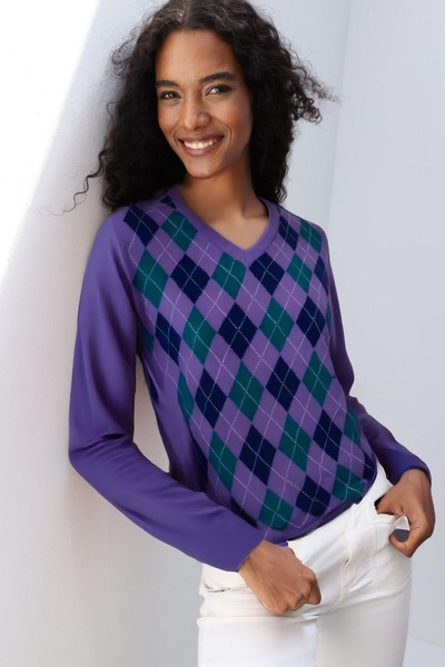 Desen Triko Women's V-Neck Diamond Pattern Wool Sweater Purple