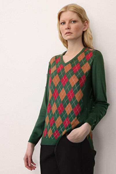 Desen Triko Women's V-Neck Diamond Pattern Wool Sweater K.Yosun