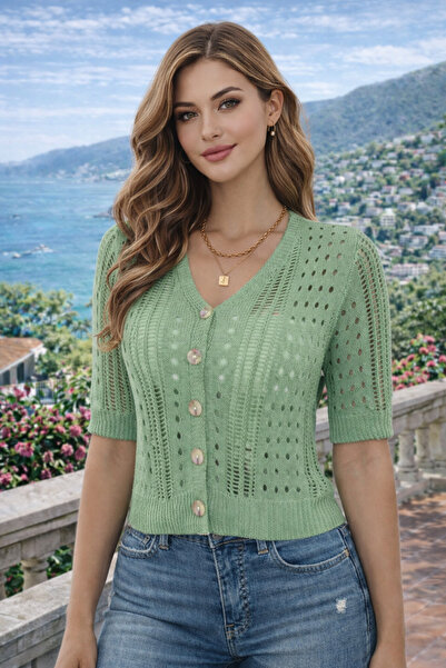 TRQOM Women's Knitwear Cardigan Mint Short Sleeve V-Neck Openwork Buttoned So...