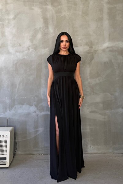 OKSOCOLLECTİON Belden Kemer Görünümlü Vatka ve Yırtmaçlı Elbise