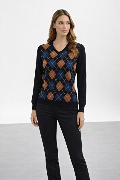 Desen Triko Women's V-Neck Diamond Pattern Wool Sweater K.Navy Blue