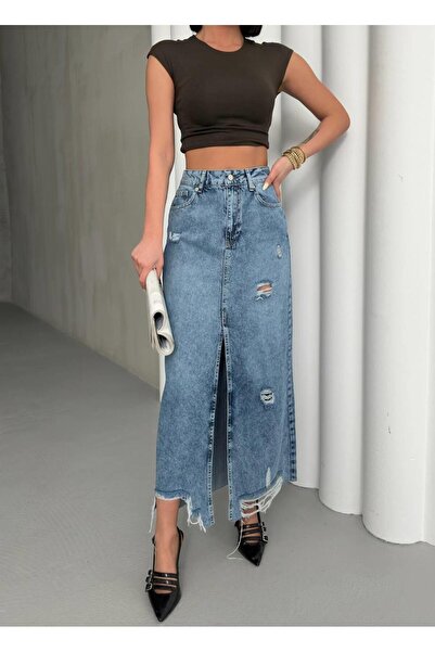 1434 Polo State Kadın Yüksek Bel Yırtmaçlı Yırtık Detaylı Uzun Denim Etek