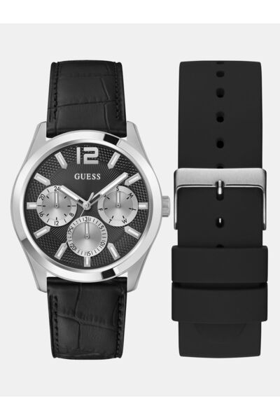 Guess طقم ساعة رجالية متعددة الوظائف بلون فضي مع علبة