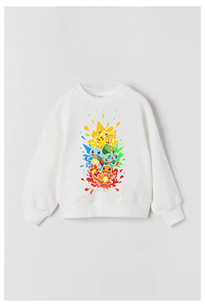 Tubinyoo Pokemon Printed White Crew Neck 3 Thread Sweatshirt