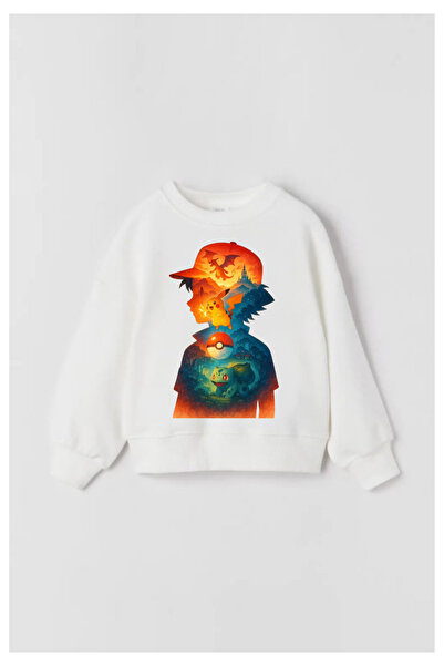 Tubinyoo Pokemon Printed White Crew Neck 3 Thread Sweatshirt