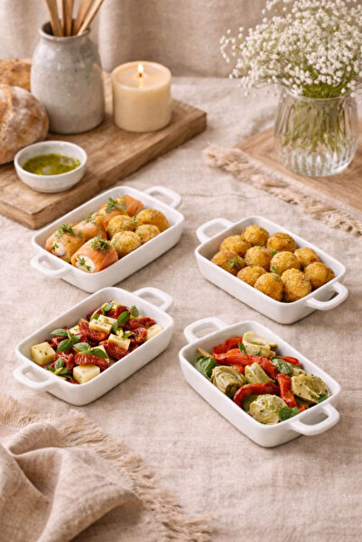 Anadolu Saray 4’lü Desenli Beyaz Seramik Kulplu Sunum & Fırın Kabı Sufle Serv...