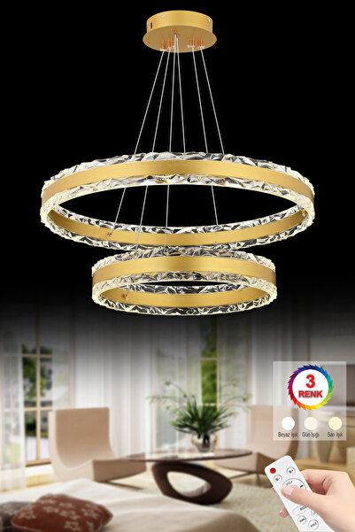 İstanbul Avize Claire Gold Çift Katlı Kumandalı 3 Renk Ledli Modern Lüx Led A...