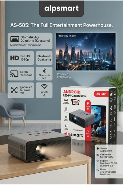 BAFRA LİHGTİNG Alpsmart AS-585 Taşınabilir Android Projeksiyon, 180 Lümen, 10...