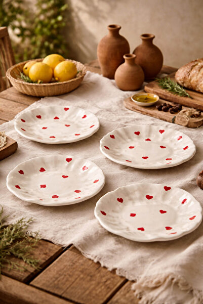 Anadolu Saray 4 Adet Seramik Kalp Detaylı Handmade Kırışık Formlu Tasarım Pas...