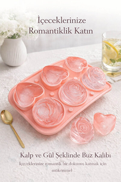 Anadolu Saray Pratik Silikon 3 Kalp 3 Gül Şekilli Buz Kalıbı | Çikolata Şeker...