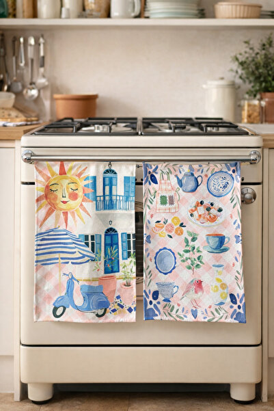 Pilloveland Patterned Kitchen Towels (Set of 2) |   30×50 cm - Santorini