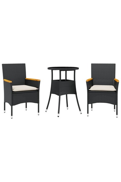 vidaxl Set mobilier de grădină cu perne 3 piese negru poliratan&sticlă