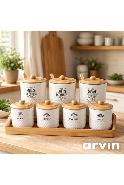 YENİLİK RÜZGARI Bambu Standlı 7`li Kaşıklı Baharatlık