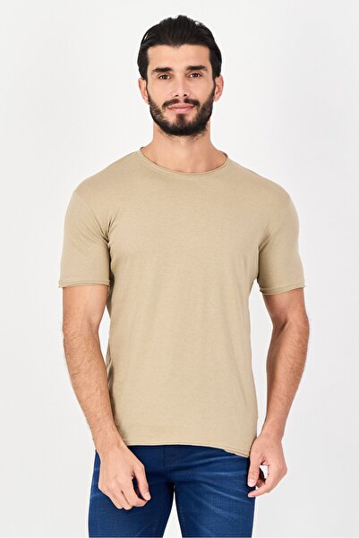 Brave Soul Men Round Neck Short Sleeve Plain T-Shirt, Beige