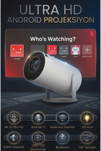 BAFRA LİHGTİNG Taşınabilir Android Projeksiyon, 4K, 1280x720p, Wifi Destekli ...