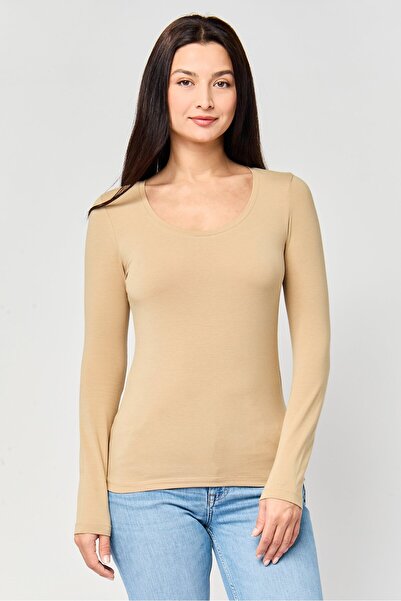 Gant Women U Neck Long Sleeve Plain T-Shirt, Khaki