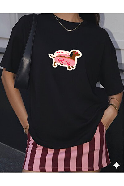 LORVEX Tricou de damă din bumbac supradimensionat cu imprimeu frontal Hot Dog...