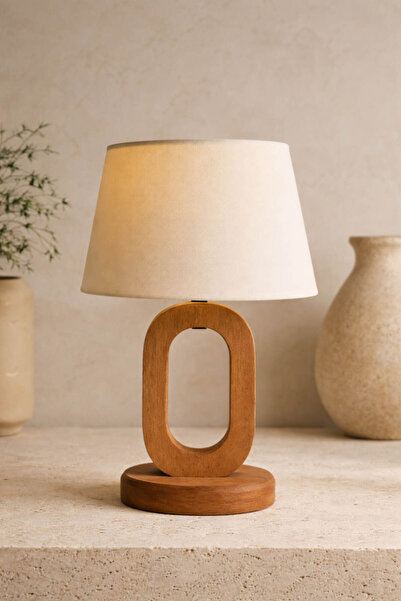 Anadolu Saray Geometrik Ahşap Gövdeli Beyaz Başlıklı Masa Lambası Modern Deko...