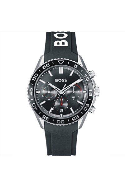 Hugo Boss Ceas Runner, Cronograf, carcasa 44mm, cadran negru, curea silicon n...