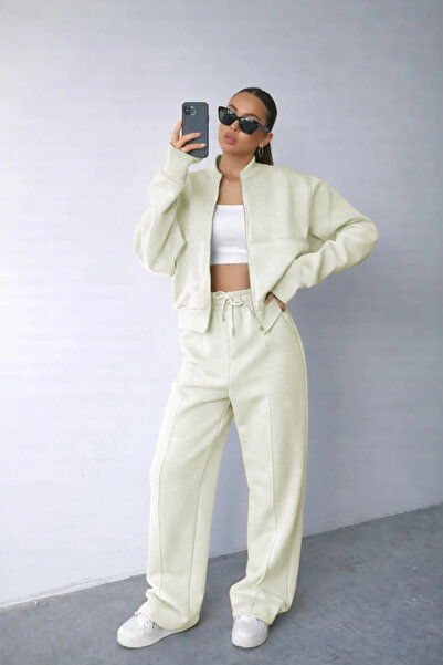 BayBayan Women's 3-Thread Striped Zippered Bomber Jacket Wide-Leg Sweatpants Set