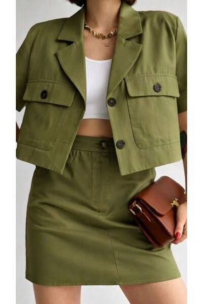 GAMZE ALPTEKİN Premium 100% Cotton Gabardine High Waist Mini Skirt Jacket Sum...