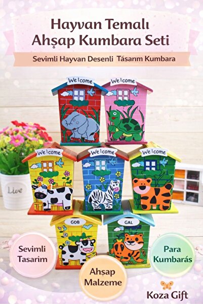 Keyfi Sepet Cute Animal Patterned Wooden Piggy Bank – 1 Piece Decorative Mone...