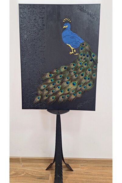 Yellow Tulip Peacock painting with artificial feathers 60*80 cm
