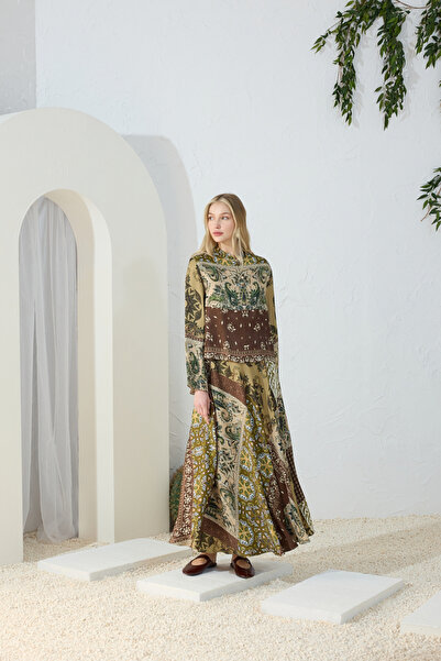 Aker Haki Brit Detaylı Desenli Bluz