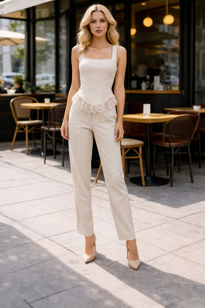 italia Compleu elegant damă crem – top cu dantelă + pantalon, mărime universa...