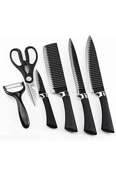 PUKON سكاكين مطبخ من الفولاذ المقاوم للصدأ عالي الكربون - طقم من 6 قطع (أسود)