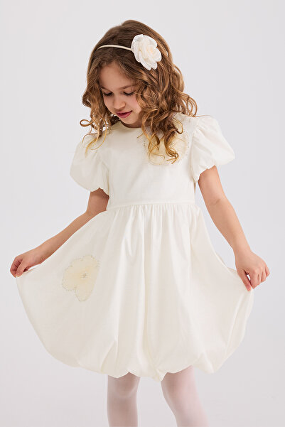 Panço Kız Çocuk Aksesuar Detaylı Ekru Elbise