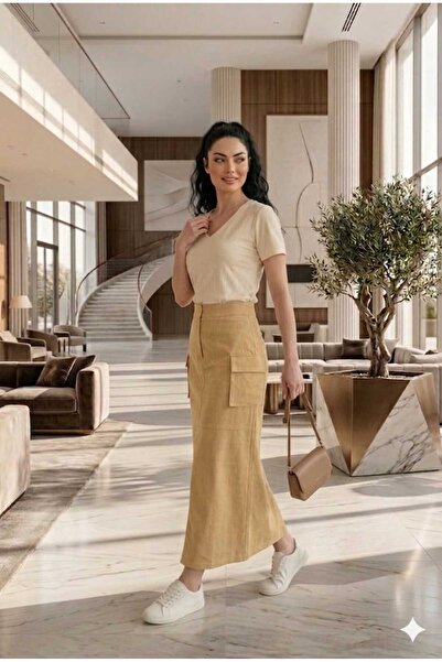 newmisal Women's Comfortable Fit Cargo Pocket Gabardine Fabric Skirt