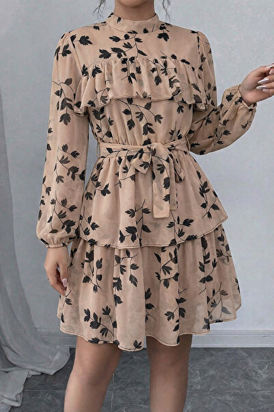 mass fashion Kadın Desenli Kemer Detaylı Kısa Şifon Elbise