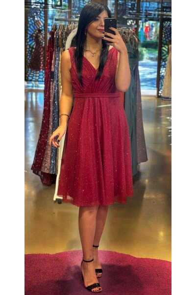 Abiyeniall Bordo Kalın Askı Kloş Etekli Simli Kısa Abiye Elbise 7119