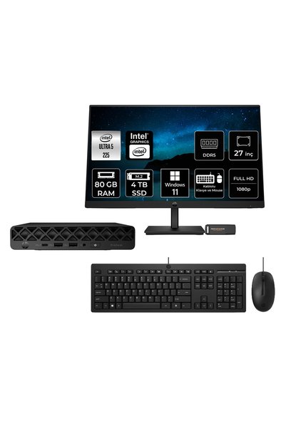 HP Elitedesk 8 Mini G1I Aı Core Ultra 5 225 80GB RAM 4TB SSD 27" FHD Win11 Pro 998V3ETPN620 Mini PC + Per4 USB