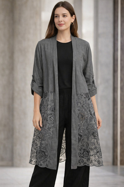 günay boutıque Gray Lace Detailed Linen Long Jacket