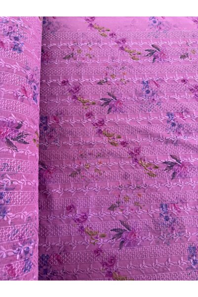 METERİAL Lilac Colored Digital Printed Floral Embroidered Scallop Fabric